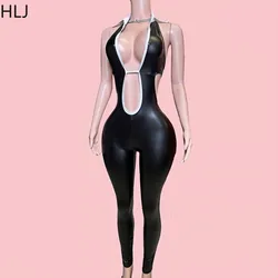 HLJ Black Sexy Hollow Bodycon Out Leather One Pieces Jumpsuits Women Halter Elasticity Slim Playsuits Fashion Bandage Overalls