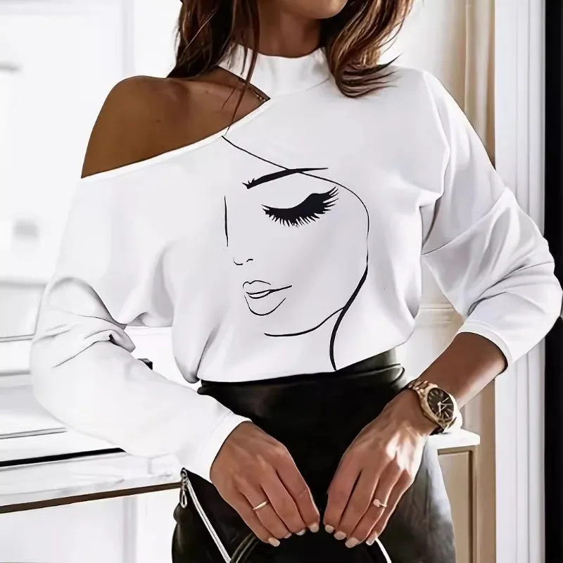 Elegant Women Face Print Shirt Top Chic Y2K INS Fashion Sexy Long Sleeve One Shoulder Loose T-shirt Streetwear