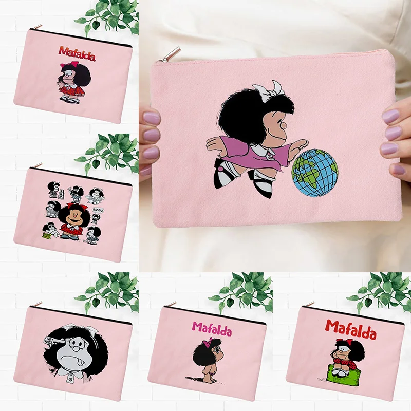 Pink Mafalda Cartoon Cute Print Canvas Cosmetic Pouch Female Aesthetic Makeup Bag Cosmetic Bag Travel Exact Woman Bags Replicas