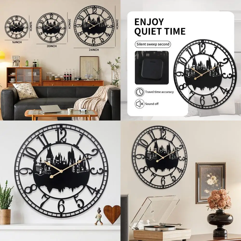

Wall Clocks for Living Room, Metal Black Castle with Metal Golden Retro Hands, Battery Operated Silent Non-Ticking Large Wall Cl