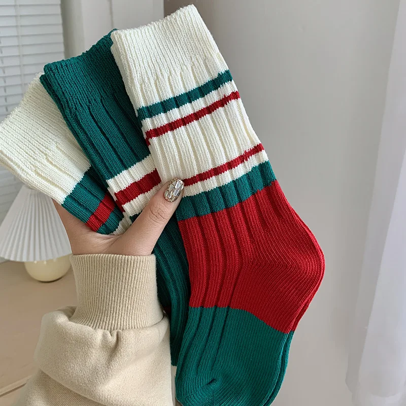 Christmas Striped Socks Autumn Winter Warm Mid-tube Socks Double Needle Thick Cotton Socks