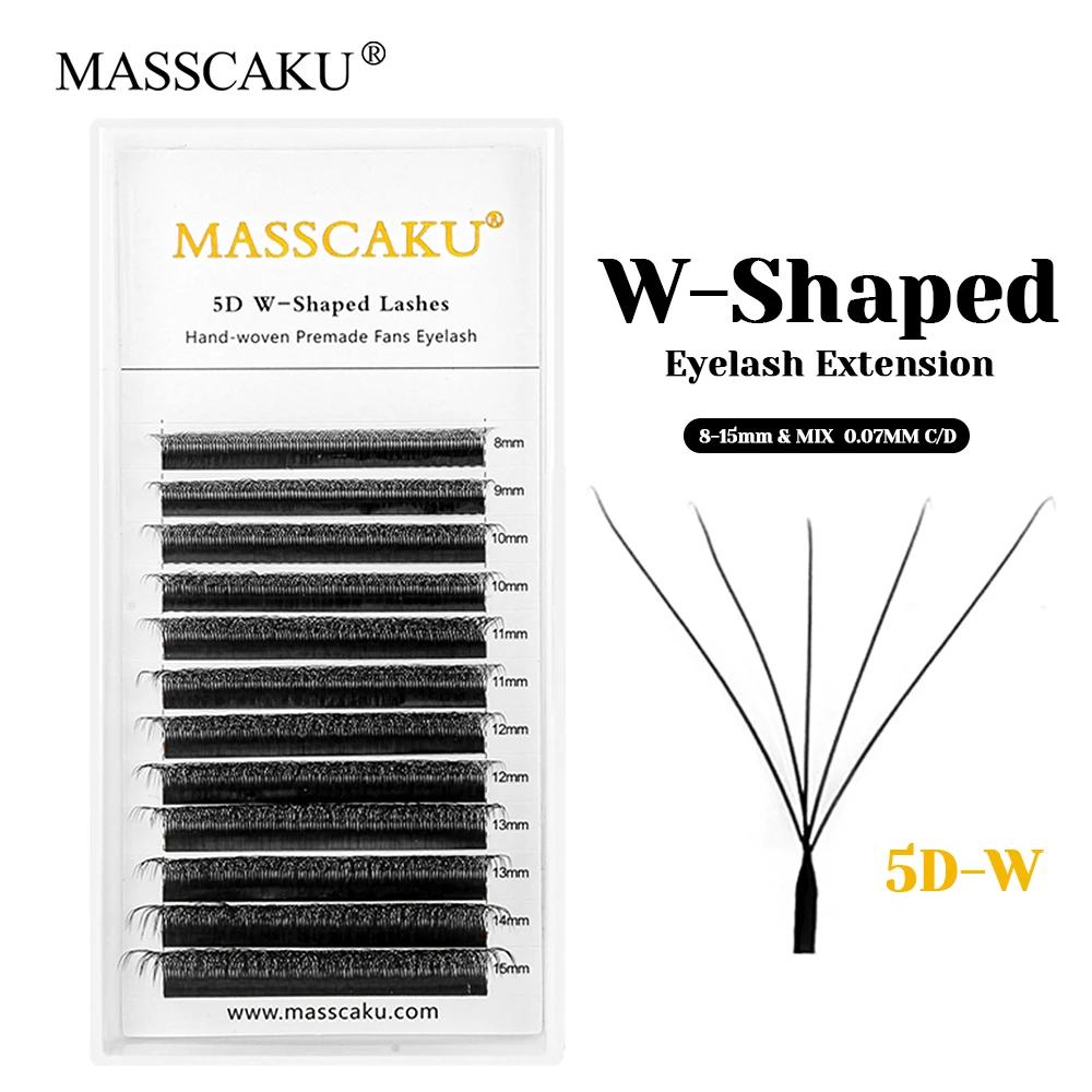 Hot Sale MASSCAKU Handmade 6D/7D/8D/9D/10D Fast Grafting W Shaped Lash 8-15mm Mix Size Premade Volume Lashes for Beauty Salon