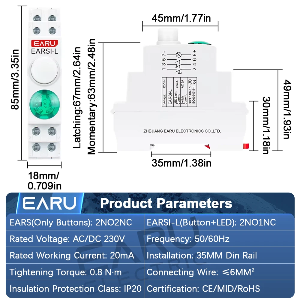 EARU 18MM AC DC 230V Din Rail Mounted Momentary Latching Push Button Switch with Red Green LED Pilot Signal Indicator Light Lamp