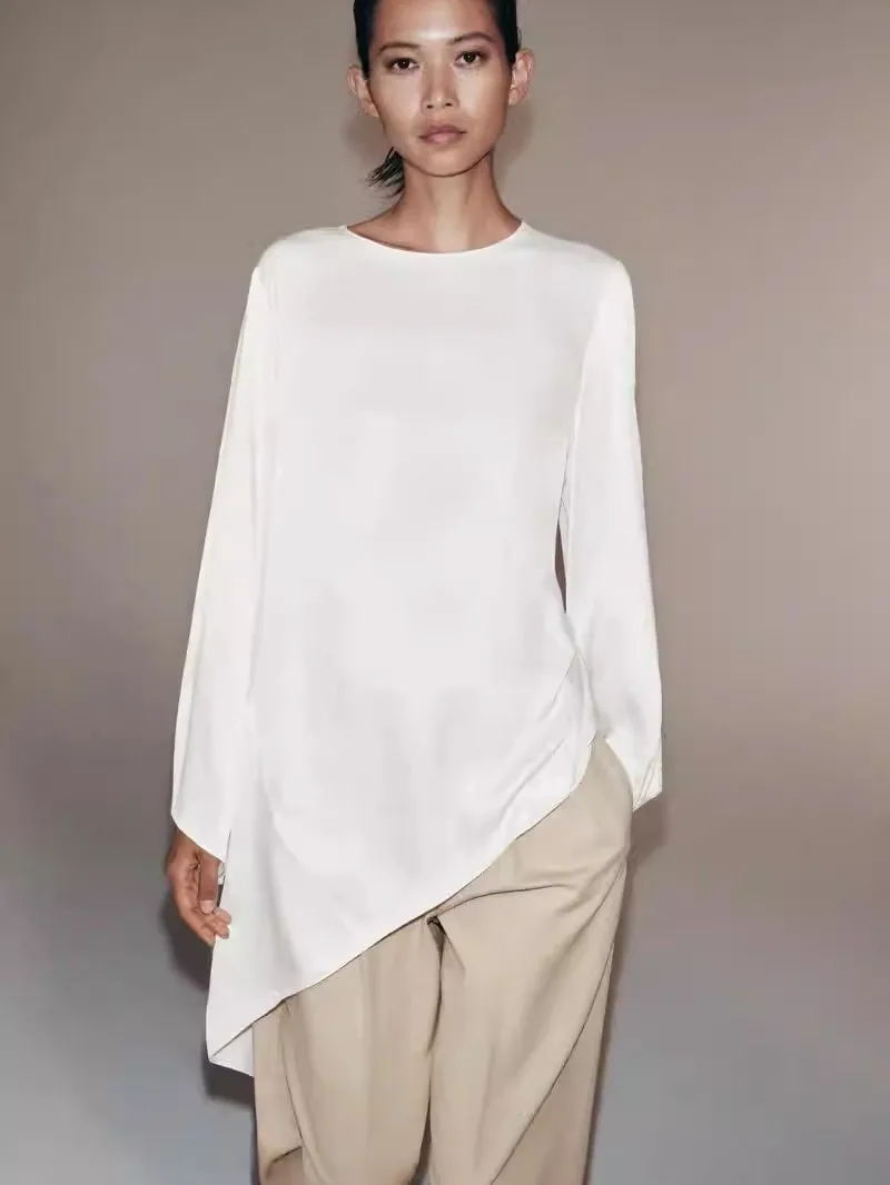 

Spring New Arrival Women's Silk Satin Backless Long Sleeve Asymmetric Top Quality Fashionable Ethnic Stage Costume