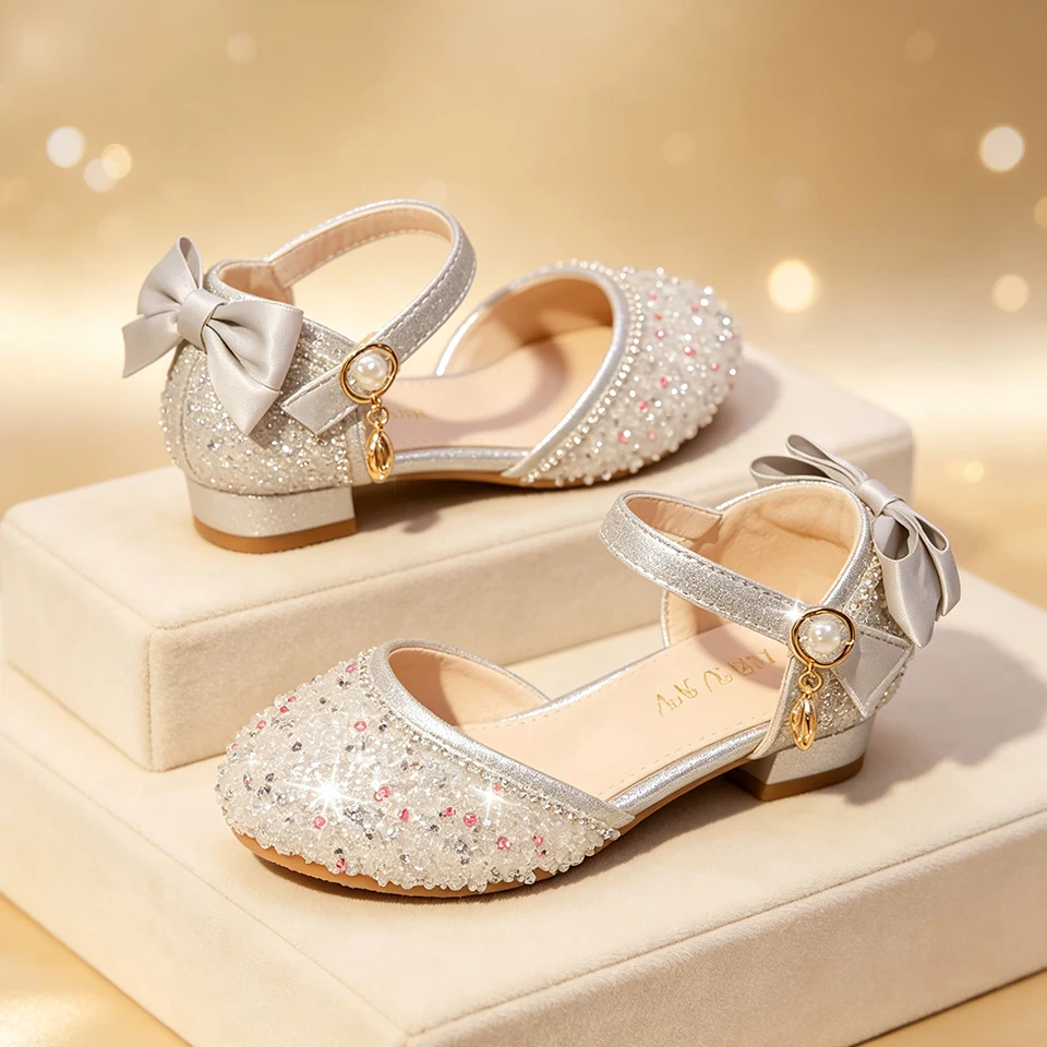 Elegant Girls Sparkly Rhinestone Crystal Shoes Wedding Bridesmaid Formal Children's Pageant Occasion Ankle Strap Heeled Sandals