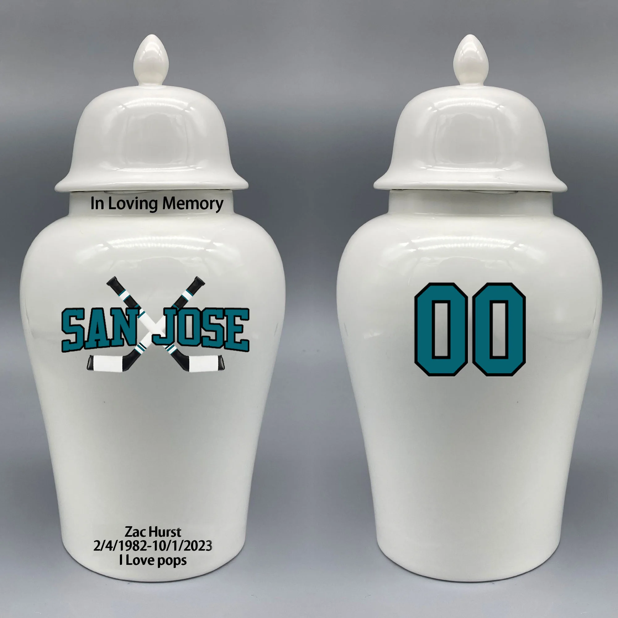 

Large Urn for San Jose Sharks-themed Hockey Urn.Please send me the customize information-name/date and number on the urn