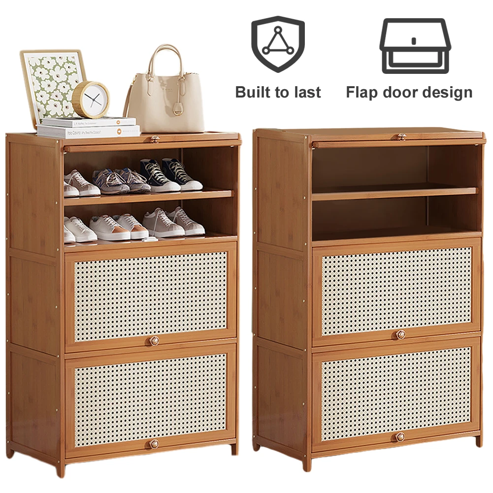 

Bamboo Shoe Cabinet with 2 Flip Drawers & Door Entryway Narrow Shoe Storage Cubby Narrow Shoe Shelf for Closet Hallway Entryway