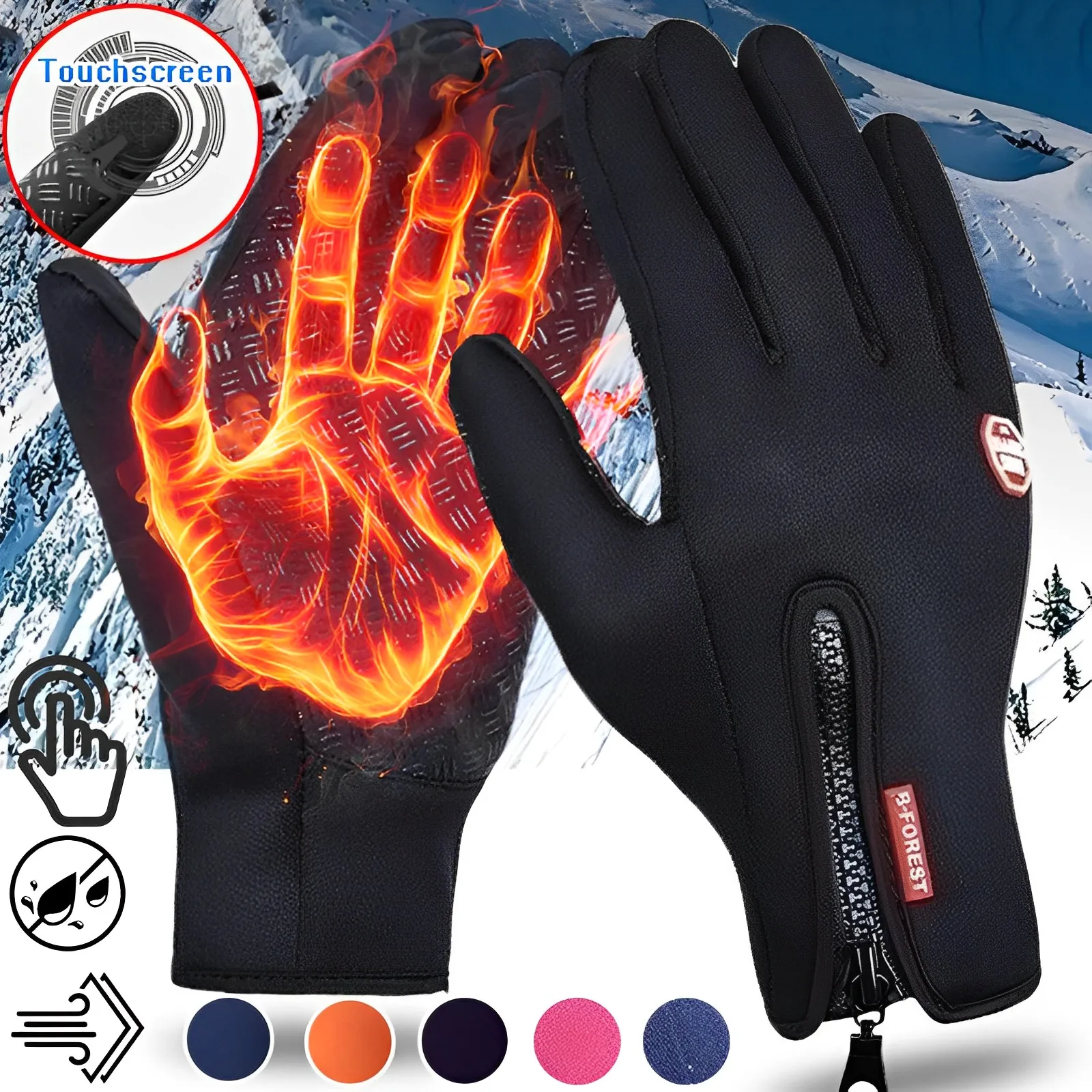 Winter Gloves For Men Waterproof Windproof Cold Gloves Snowboard Motorcycle Riding Driving Warm Touchscreen Zipper Glove Mittens