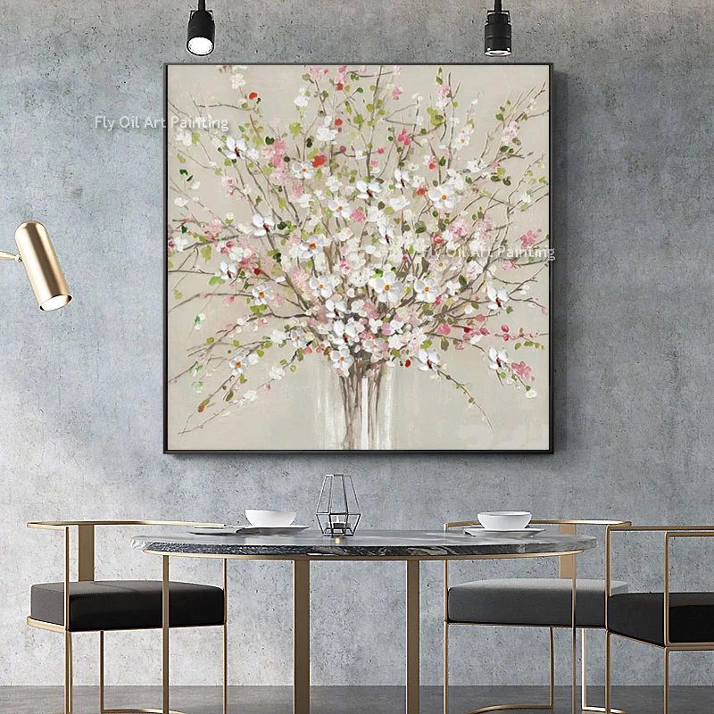 New Design Handpaited Colorful Flowers Vase Thick Oil Painting Modern Beige Blooming Florals Canvas Artwork For Home Decor
