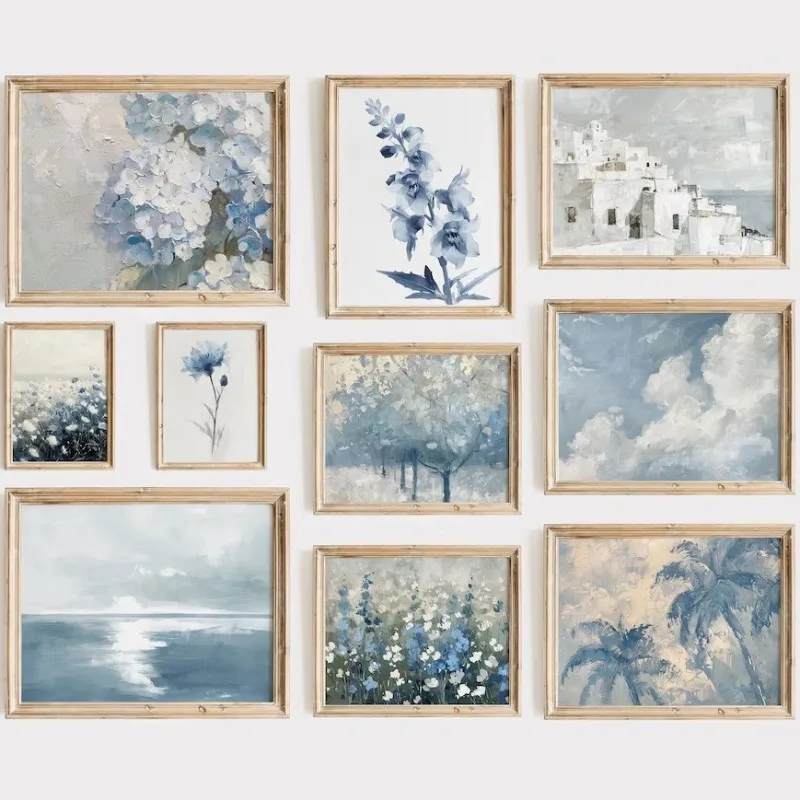 1pc frameless Canvas Painting Blue Vintage Landscape Poster Sky Ocean Seascape Wildflowers Trees Canvas Painting Aesthetic Wall
