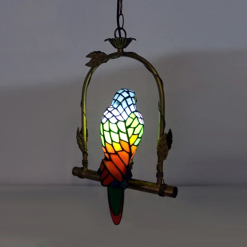 CEDRIC Tiffany Parrot Pendant Lamp LED Vintage Creative Glass Hanging Light for Home Decor Balcony Study Aisle Chandelier