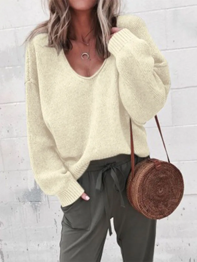 Casualowy sweter z dzianiny dla kobiet Streetwear V Neck Long Sleeve Pullovers Loose Solid Coat 2024 Jesienno-zimowy modny sweter damski