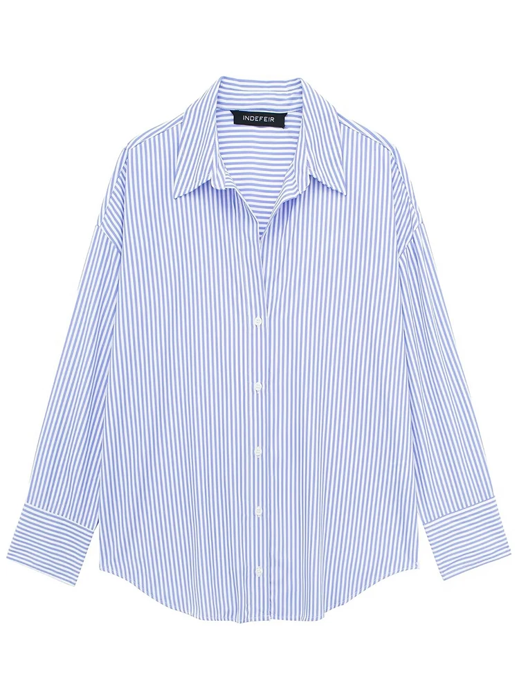 HH Women Casual Striped Print V Neck Shirts Long Sleeve Oversized Office Lady Shirts Fashion 2024 Spring Summer Blouses Top view 3