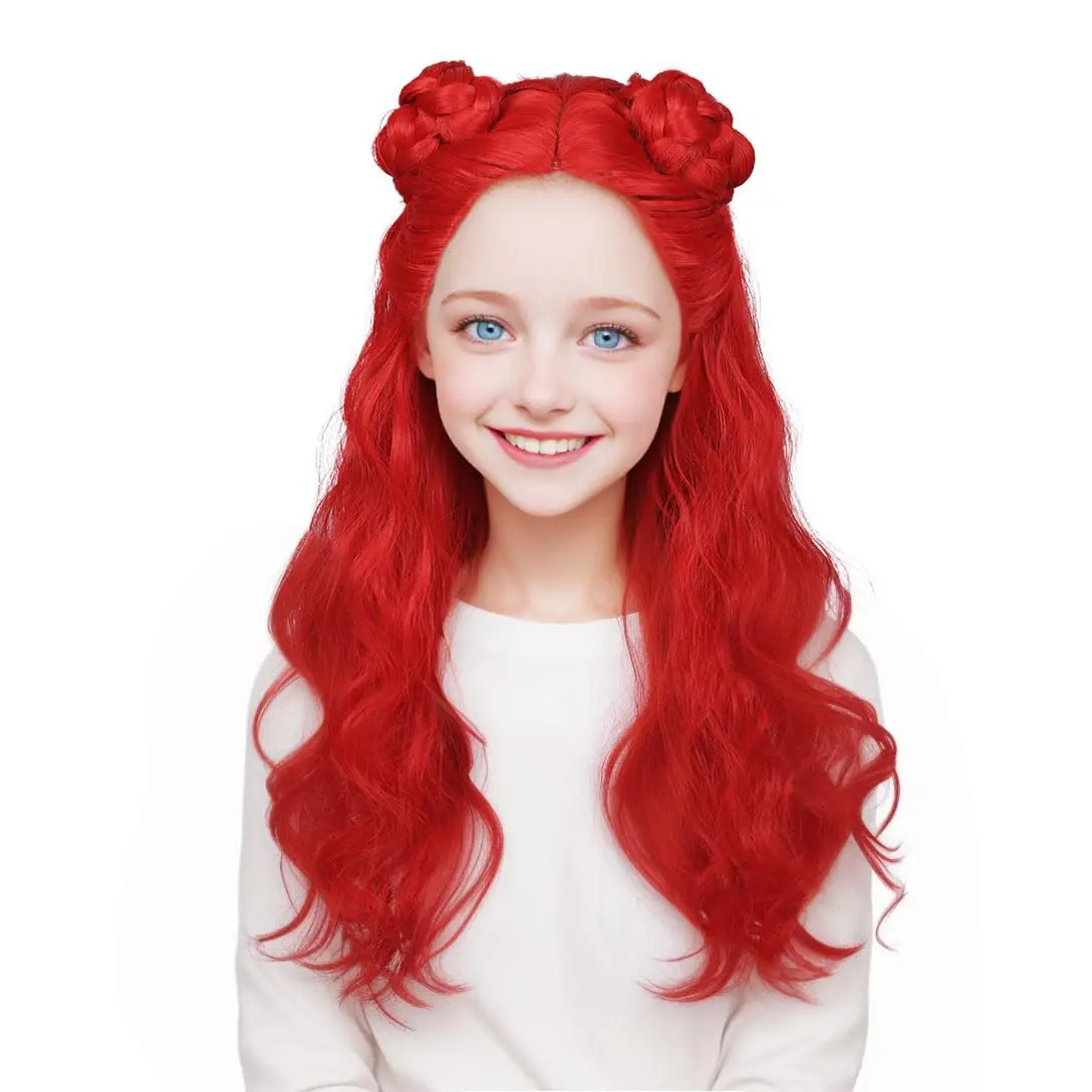Long Curly Red Cosplay Wig with 2 Buns for Halloween Costume Synthetic wig