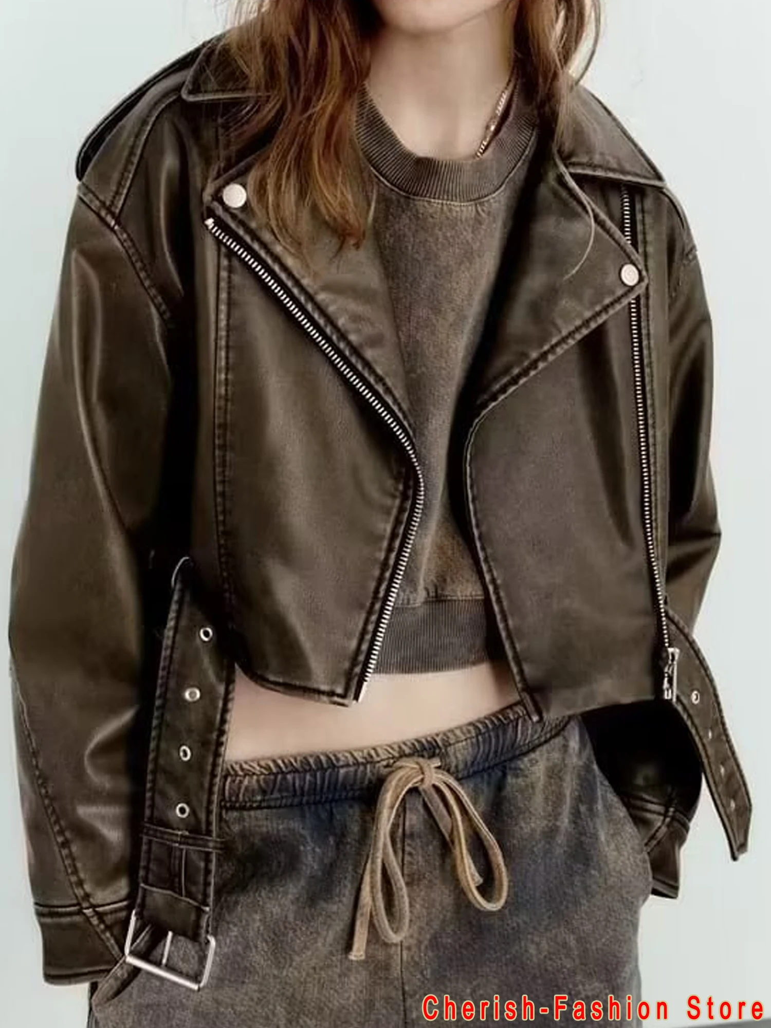 Women Vintage Loose Pu Faux Leather Short Jacket with Belt Streetwear Female Zipper Retro Moto Biker Coat Outwear Tops