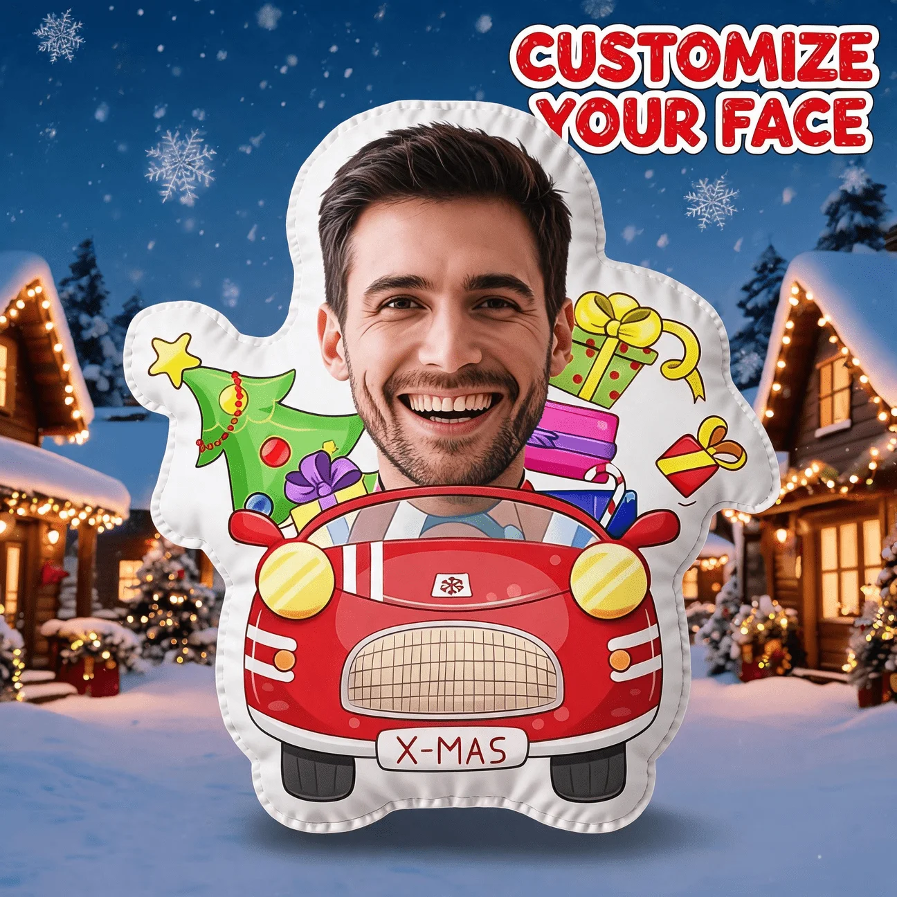 Custom Photo Face in Red Car Shaped Pillow, Personalized Smiling Man Christmas Theme Decorative Cushion, 70CM Home Decor Accent