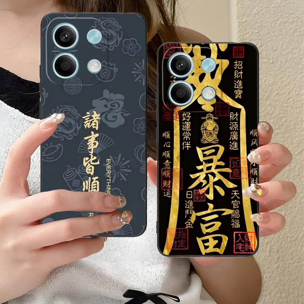 حافظة هاتف صينية محظوظة غنية لهاتف Xiaomi Redmi 14 13 12 A5 3 2 1 C Plus 4G 5G طباعة ملونة للهواتف المحمولة غطاء جميل