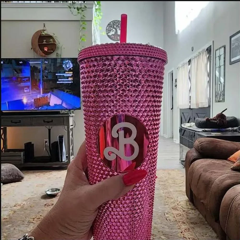 

Pink Bar Studded Tumbler Women Fashion Coffee Cups with Lid Straw Female Luxury 24OZ Diamond Tie Cup Portable Cold Drink Cup