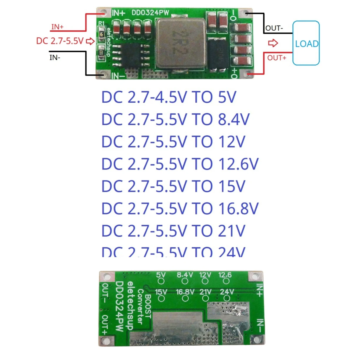 25W Mini Size High-power 2-5Cell Battery Multiplier 3.7V 4.2V to 8.4V 12.6V 16.8V 21V DC-DC Boost Converter Module 5V 12V 15 24V