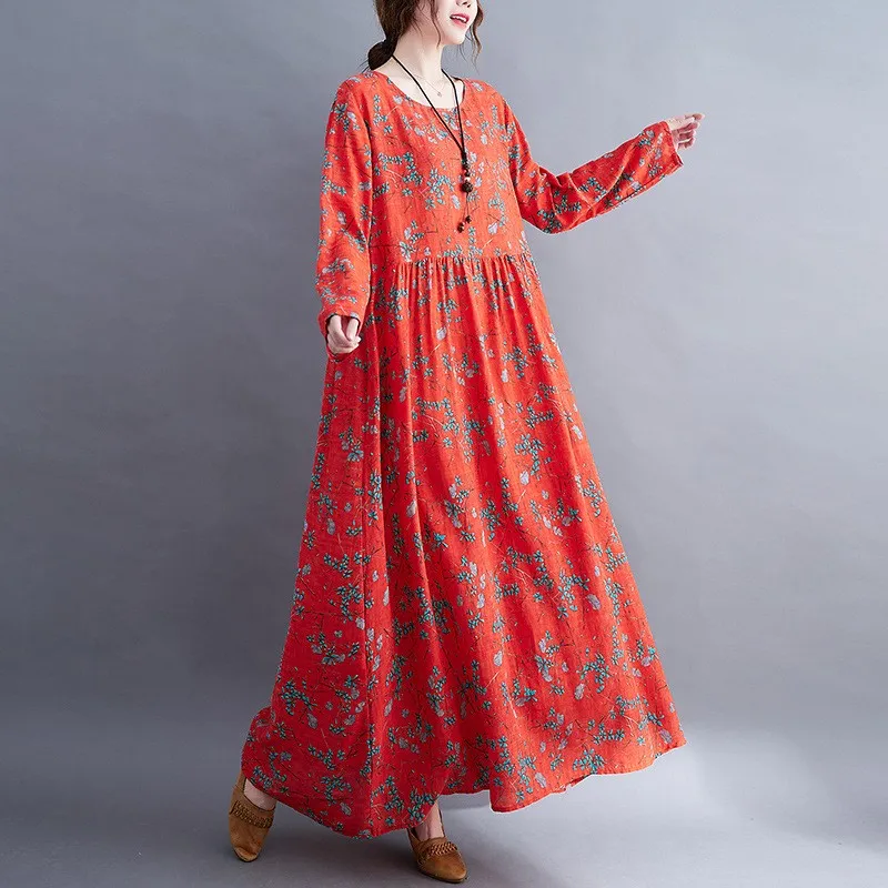 Ele العرقية طباعة طويلة الدكتور فضفاض المناسب المرأة حجم كبير ربيع الخريف جديد Sle المتدفقة رداء Sle ثوب القطن