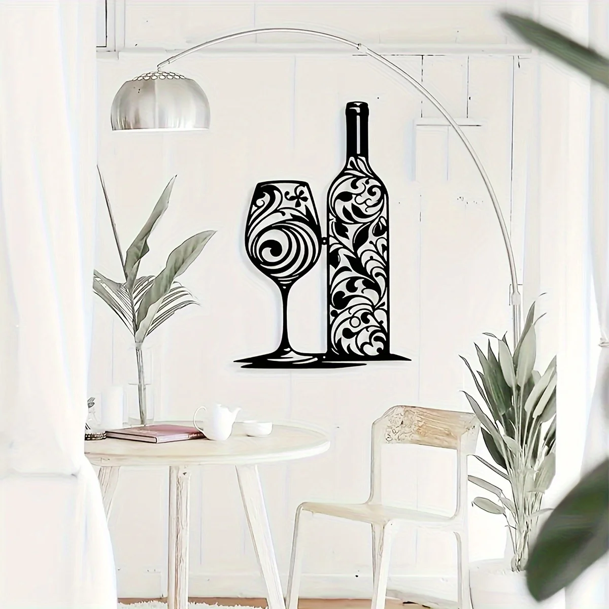2D Metal Stylish Wall Art Featuring a Wine Bottle And Glass with a Black Swirl Design - an Excellent Addition to for Home Bars