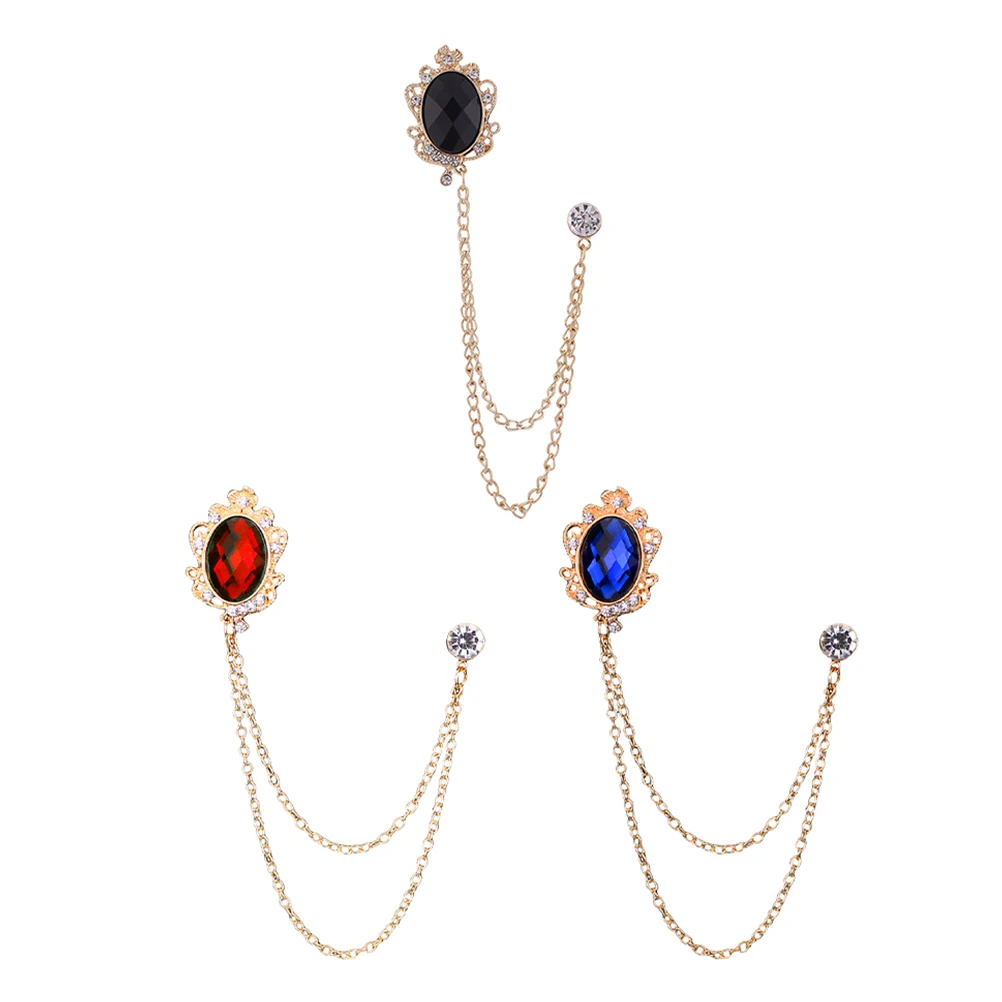 

3 Pcs Gemstone Tassel Brooch Lapel Pin Men Suit Accessories Collar Chain Novel Creative Design Fashion Jewelry Gift