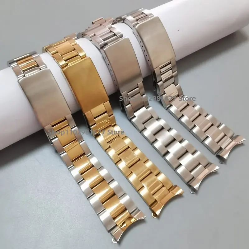 18mm 19mm 20mm Silver Gold 316L Stianless Steel Curved End Vintage Oyster Watch Band Strap Fit for RLX Watch Replace Bracelet