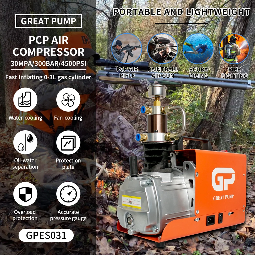 GPES031 4500Psi 300Bar PCP Air Compressor High Pressure Portable Electric Compressor for Diving Scuba Airgun Rifle 0-3L Tank