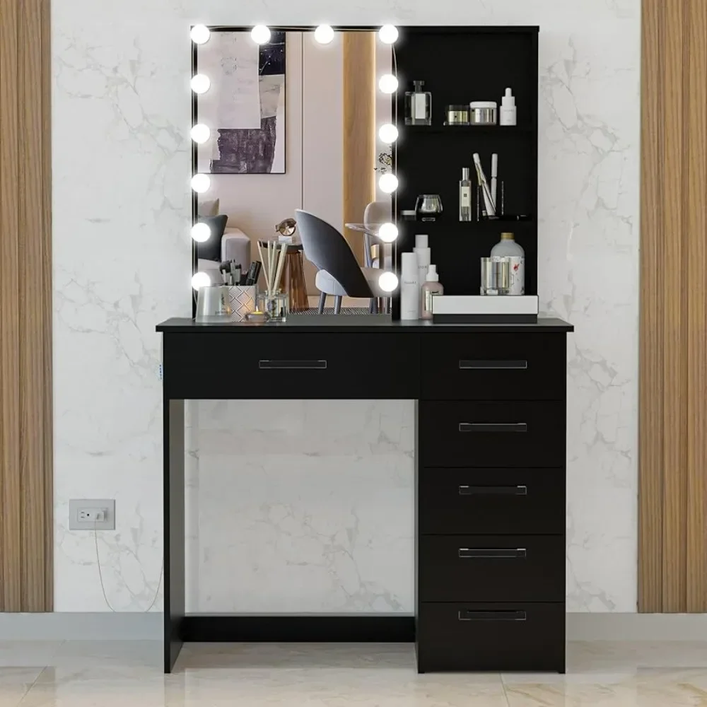 Modern dressing table with 6 drawers, additional lamp, handles, elegant dressing table with mirror and bedroom lamp, black