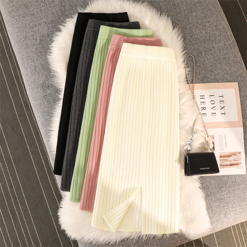 

Autumn Winter Solid Stripe Knitting Skirt For Women Fashion High Waist A-line Split Skirt Korean Elegant Office Long Skirts