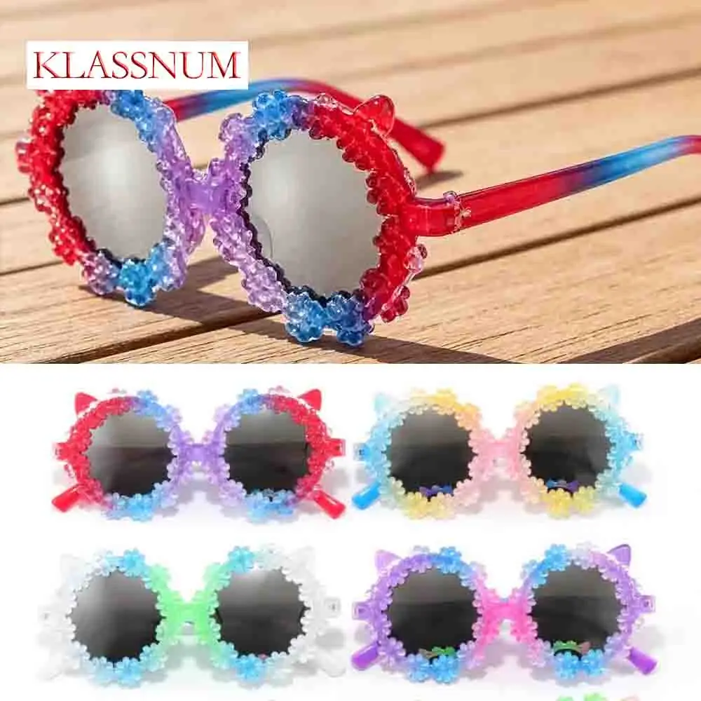 KLASSNUM Kids Sunglasses Floral Frame Cute Eyewear Gradient Color Baby Girls Beach Sunnies Plastic Shades Cats Ear Photo Prop