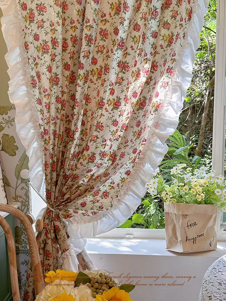 American Ruffled Edge Curtains, Lace French Countryside Style Printed Rose Bedrooms, Ins Style Bay Windows, Screen Curtains,