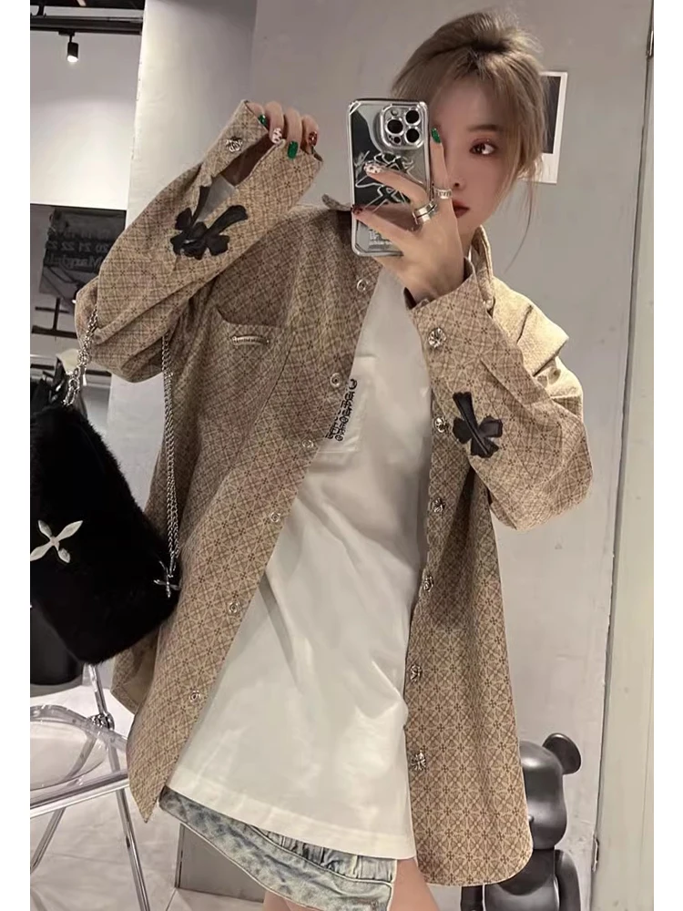 

Trendy Embroidered Cross Denim irt Jaet Women's Spring Autumn Loose Casual Long Sve Faionable Blouse Street Sle Po...