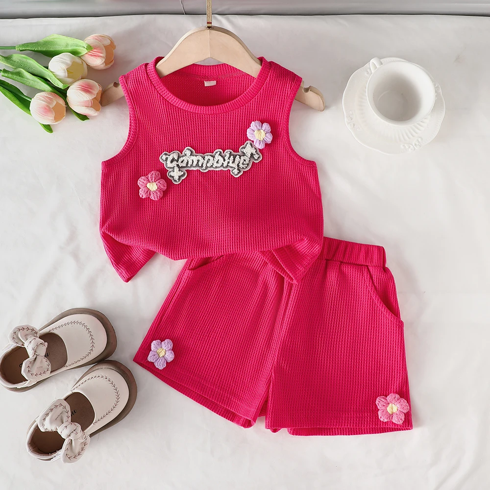 Girls' summer two-piece casual set: embroidered lettered three-dimensional flower bubble crepe sleeveless vest top + shorts