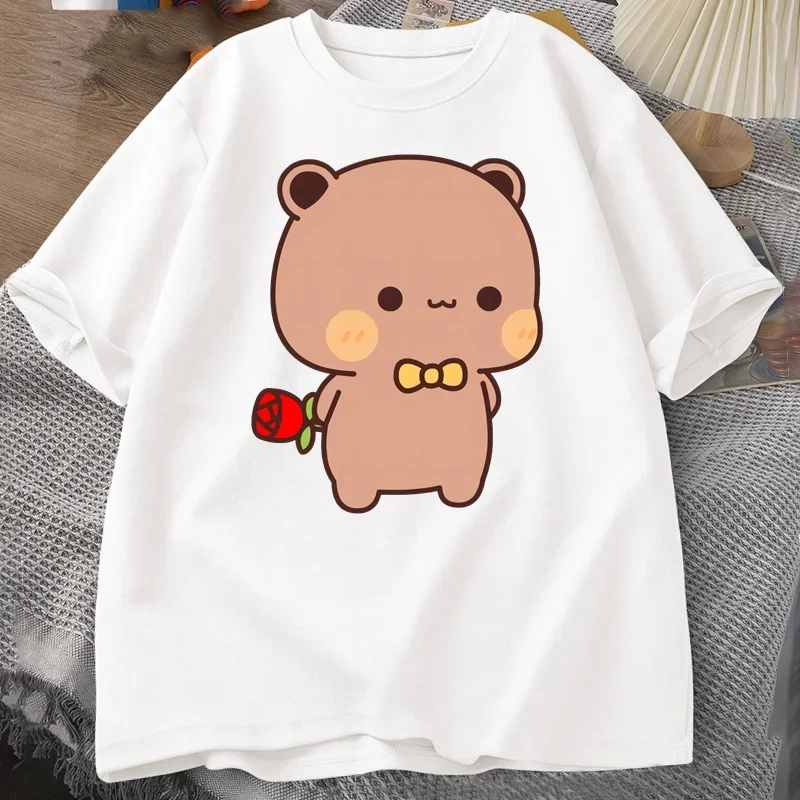 Camiseta DuDu Bear con diseño sorpresa de Panda BuBu con una flor, divertida y linda, con gráfico de Buu Duu, para parejas, estilo Harajuku, manga casual, ropa estética