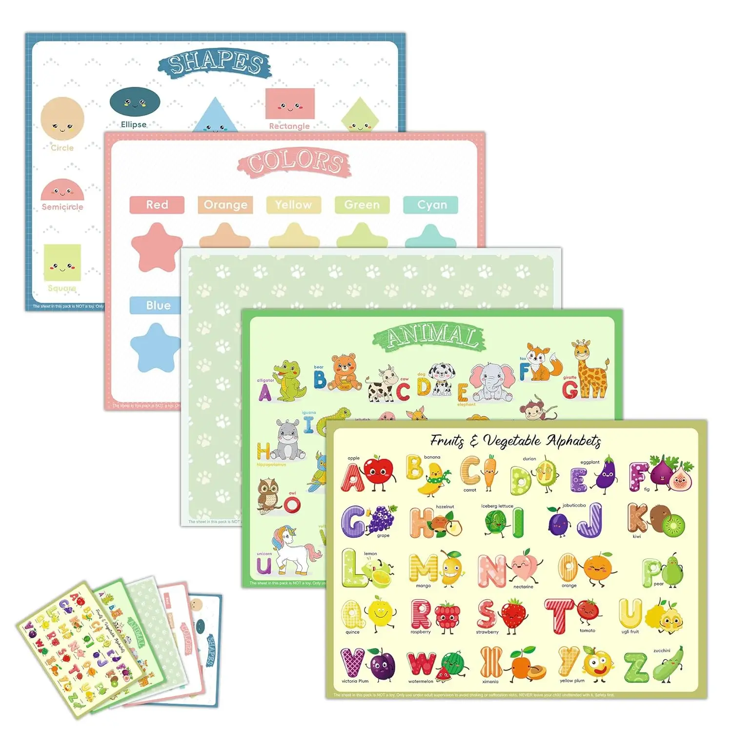 

40-Pack Disposable Placemats for Toddlers - 5 Fun Designs, 12x16 Inches, Sticky & Portable for Restaurants, Dining, Parties