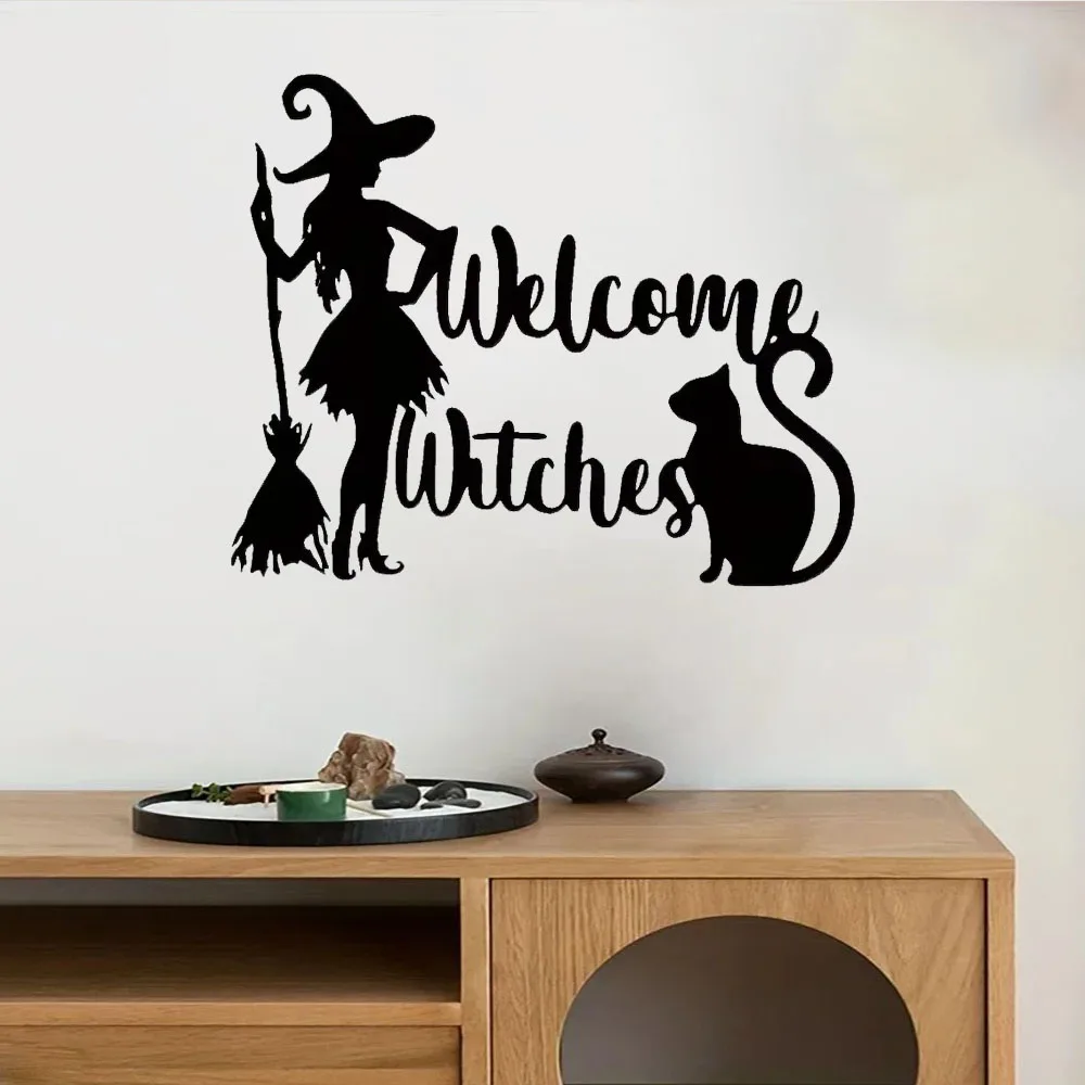 “Halloween Metal Wall Decor Feature: Splendid Witch Cat & Broomstick Welcome Sign.”