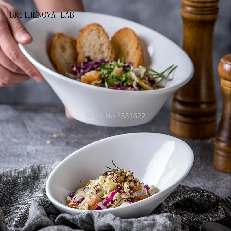 Ceramic Pure White Bowl Household Thicken Japanese Large Fruit Bowl Salad Oblique Creative Hotel Tableware LB70710