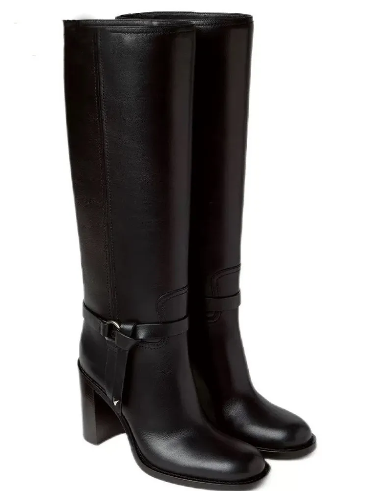 Damenstiefel mit runder Spitze, dickem Absatz, mittlerer Länge und seitlichem Reißverschluss, Herbst- und Wintermode, Damen-Kniehohe Stiefel.