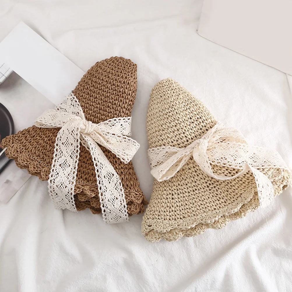 البيج مقوس دانتيل القش واسعة حافة الشمس حماية قبعة قابلة للطي الصيف قبعة للشاطئ حجم M 56-58 سنتيمتر المشي لمسافات طويلة التخييم في الهواء الطلق