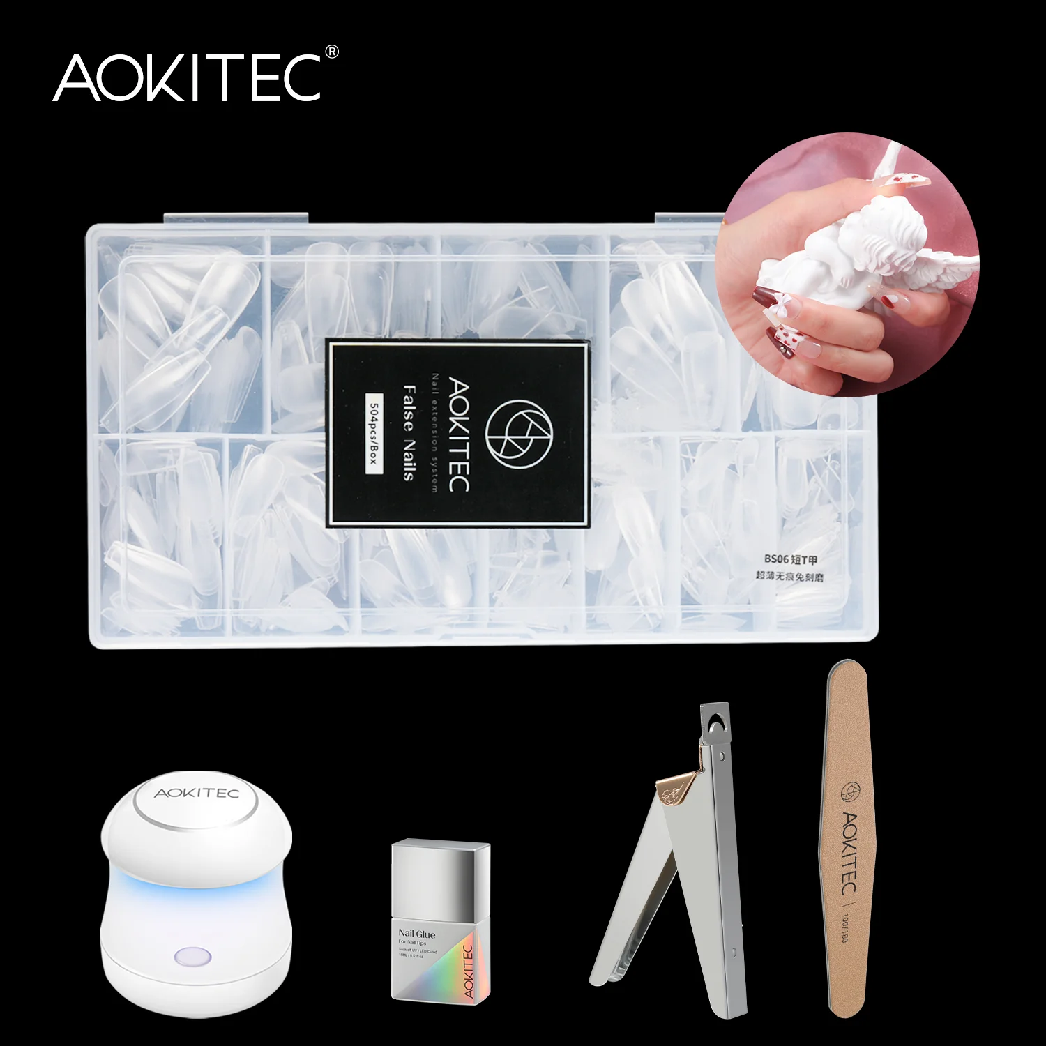 

Aokitec Manicure Set False Nail 504PCS with Function Nail Tips Glue Nail File Dryer Lamp UV LED Tip Clip Art Tools