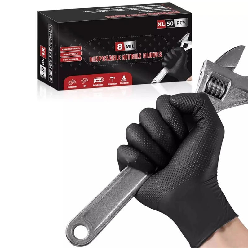 Heavy Duty Nitrile Gloves Black 8 Mil Disposable Gloves with Raised Diamond Texture Latex Free Industrial Auto Mechanics Gloves