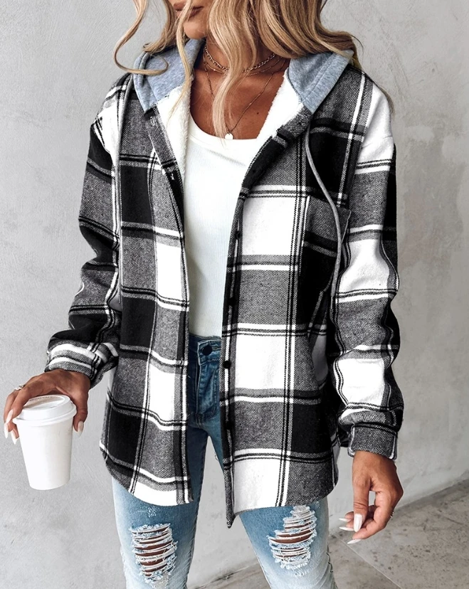 

2023 Autumn Winter Spring New Fashion Casual Plaid Print Buttoned Hooded Shacket Coat Female Clothing Outfits