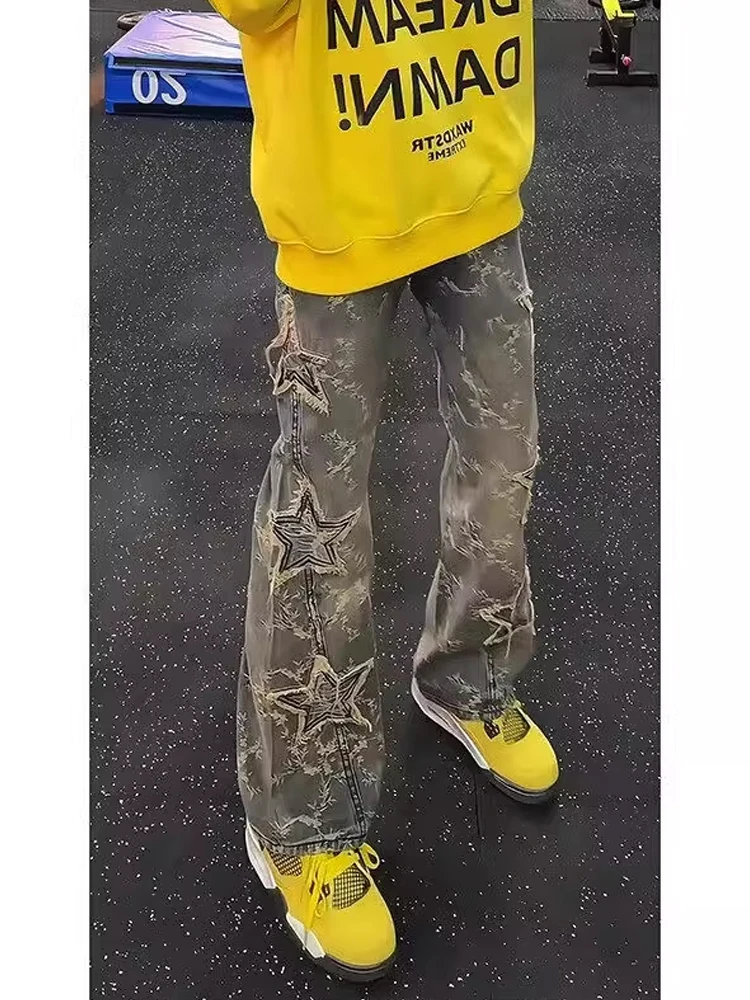 

Мужские джинсы American Retro с высокой талией, прямые, с вышивкой звездами, весенние, облегающие, расклешенные брюки-буткэт