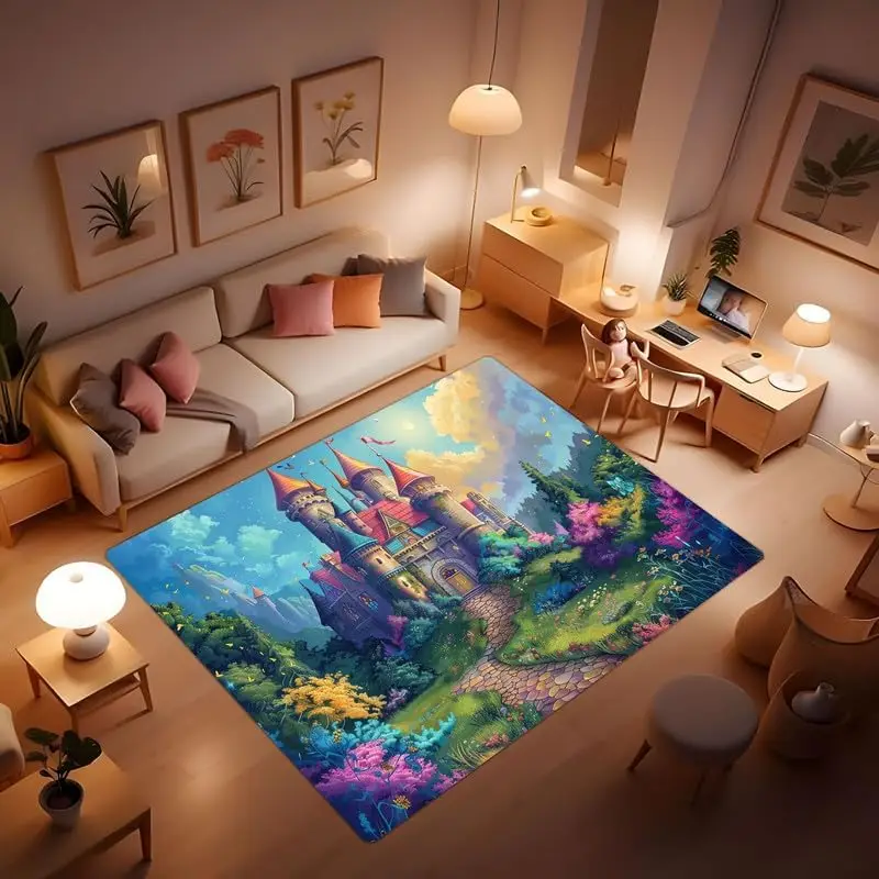 

Fantasy Castle Print Carpet, as if You are in a World Full of Fantasy and Romance. Fantasy Cartoon Fairy Tale Theme Carpet