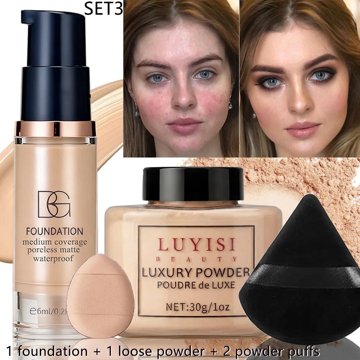 4pcs Facail Base Cosmetics Set:1pc Foundation+1pc Loose Powder+2pcs Makeup Puff,Full Coverage,Waterproof,Lightweight.