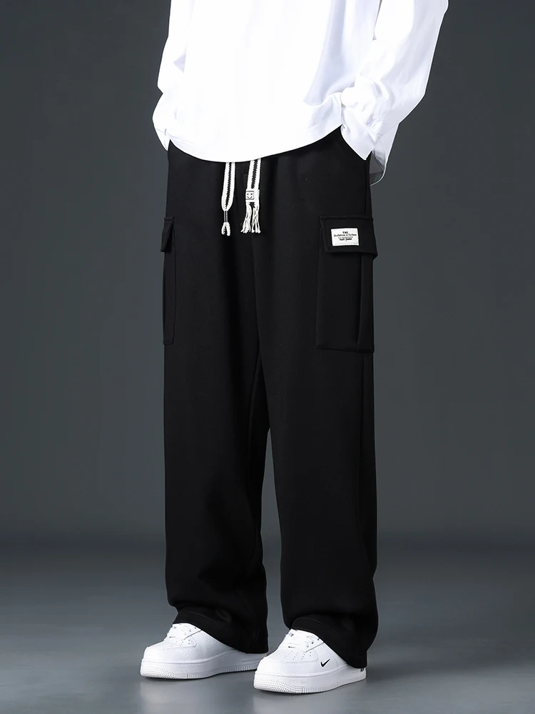 الخريف الرجال فضفاض واسعة الساق السراويل في الهواء الطلق الركض Sweatpants فضفاض مستقيم موضة الكورية بناطيل كاجوال الشارع الشهير أسود رمادي