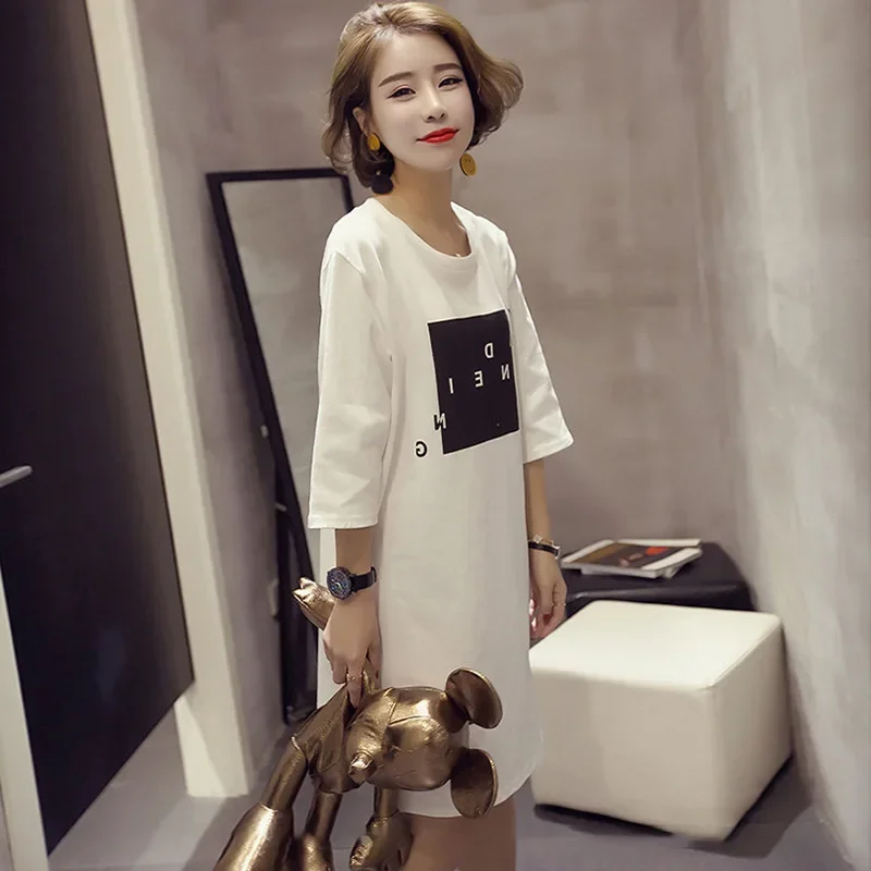 Korean Version Loose Medium And Long Short-sleeved Split-ended Dress Women's Half-sleeved T-shirt Women's Top