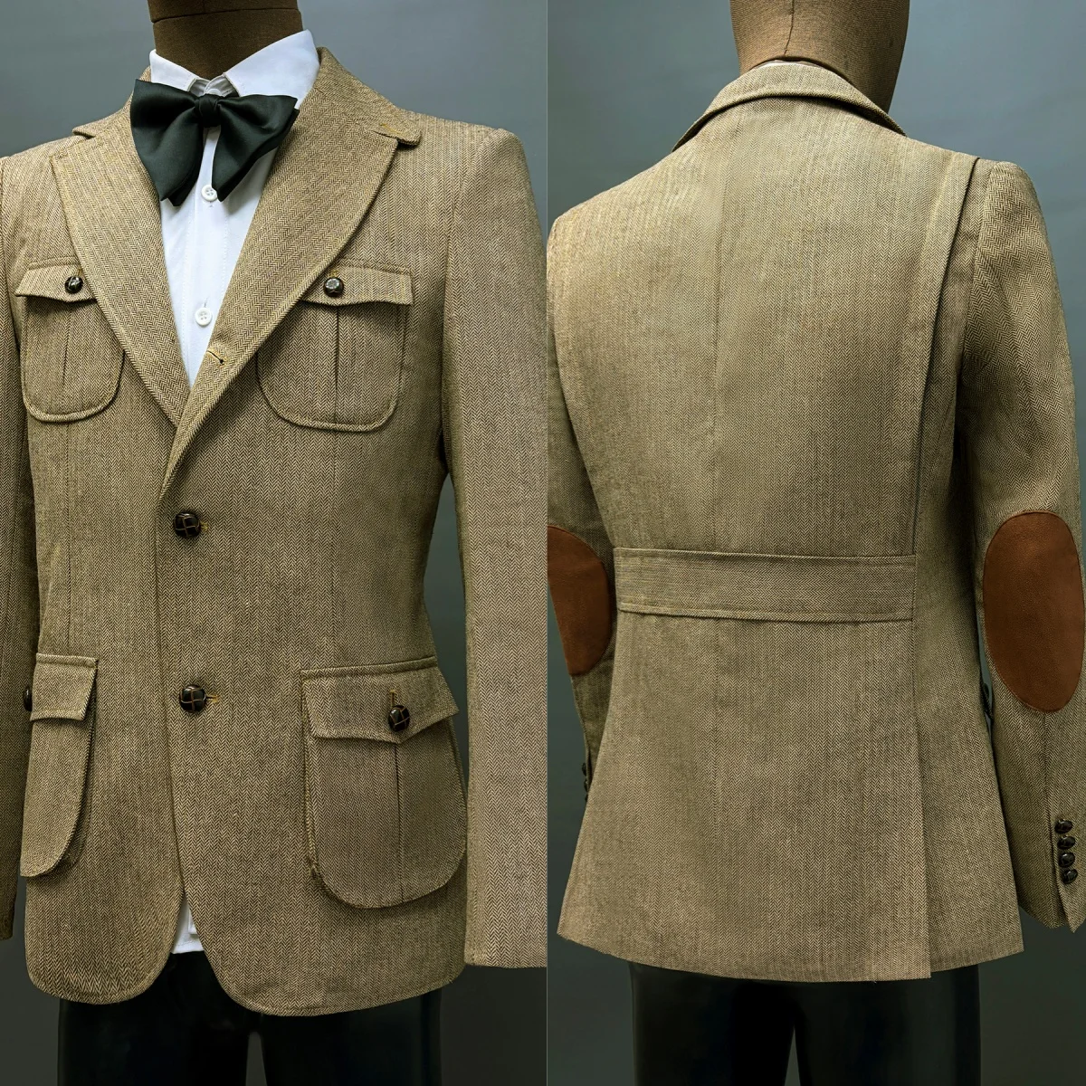 Vintage Men Suit Herringbone Long Sleeve Short Tailcoat Fashion Notched Lapel Winter Warm Business Blazers Overcoat Customized