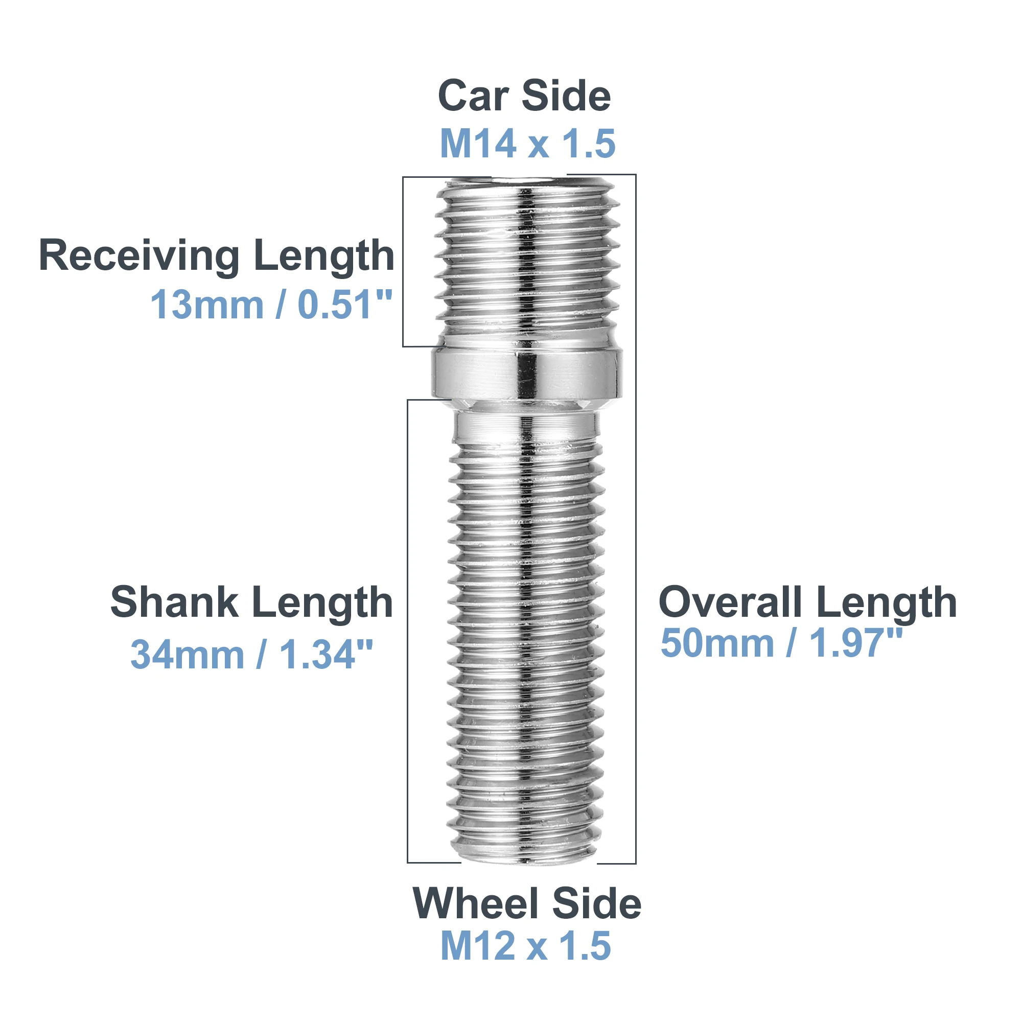 UXCELL 10pcs 50mm Vehicle Hub Tyre Screw Bolt Wheel Stud Bolts M14x1.5 to M12x1.5 for Audi for Volkswagen for Mercedes Benz
